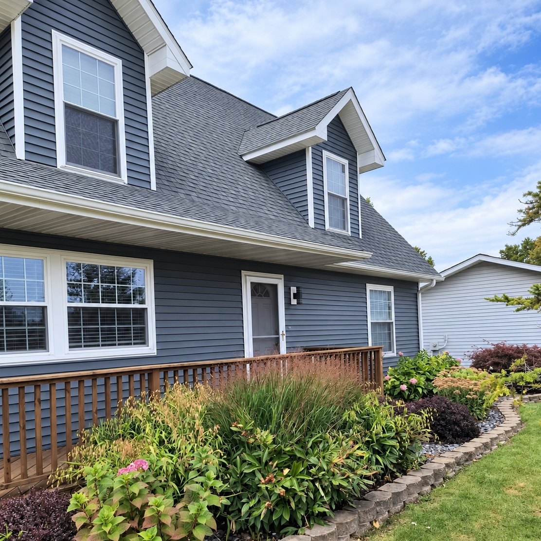 Cape-style house in slate gray vinyl siding with two dormers, a bay of windows and a wood porch deck