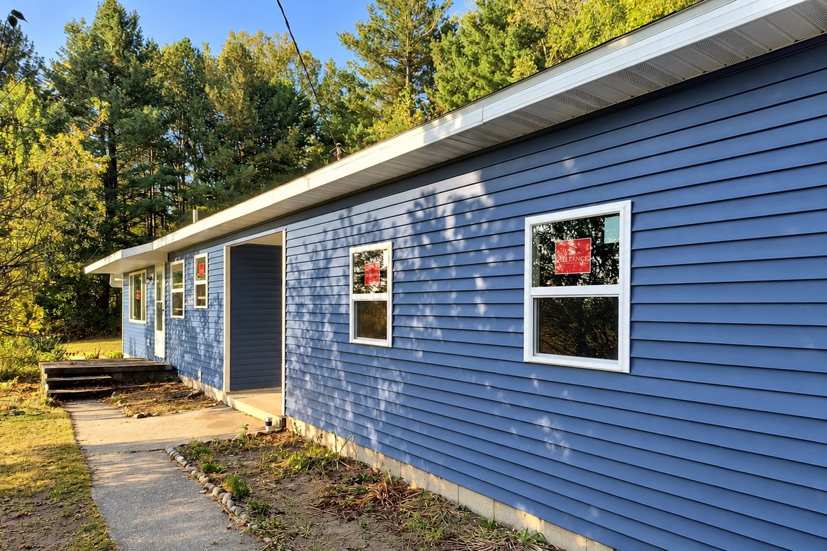 One-story ranch house in periwinkle blue vinyl siding with two new windows and a recessed entry