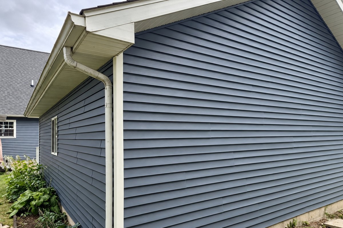 Slate blue-gray horizontal vinyl siding on a house wall with white soffit, gutter and downspout
